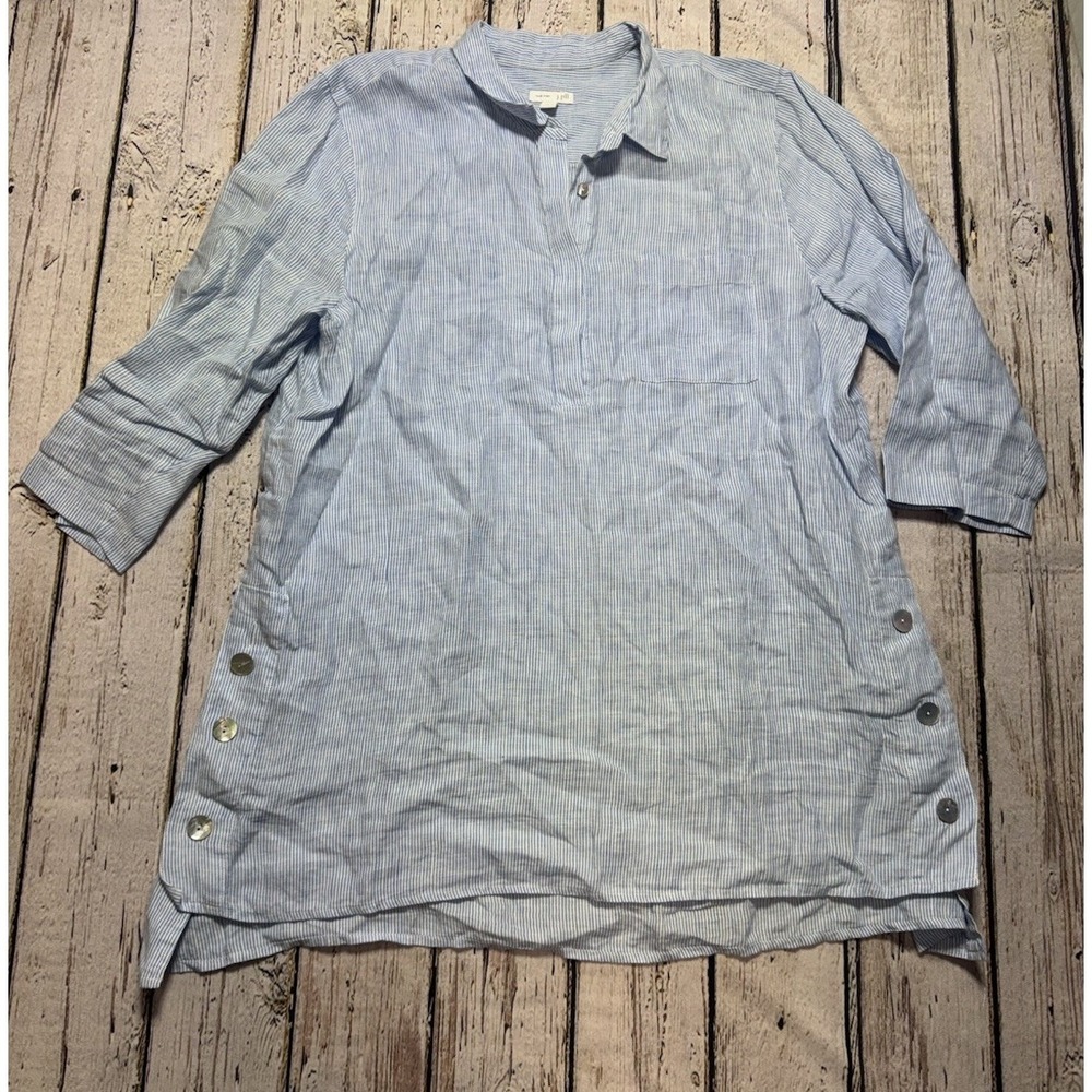 J.Jill Love Linen Blue‎ White Striped Tunic Lagenlook Button Front Large